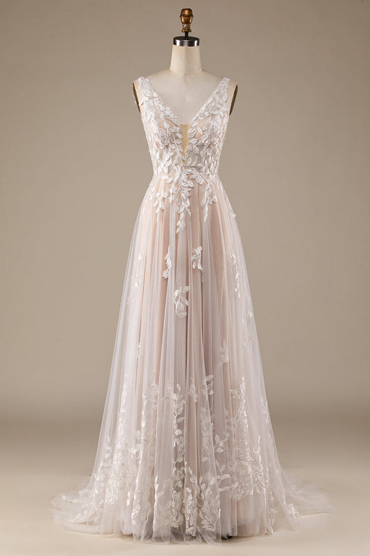 Ivory A Line V-Neck Backless Tulle Wedding Dress with Lace Open Back