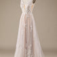 Ivory A Line V-Neck Backless Tulle Wedding Dress with Lace Open Back