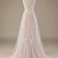 Ivory A Line V-Neck Backless Tulle Wedding Dress with Lace Open Back