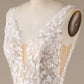 Ivory A Line V-Neck Backless Tulle Wedding Dress with Lace Open Back