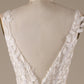 Ivory A Line V-Neck Backless Tulle Wedding Dress with Lace Open Back