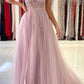 A-Line/Princess V-Neck Spaghetti Straps Long Prom Dresses With Split Side Sexy