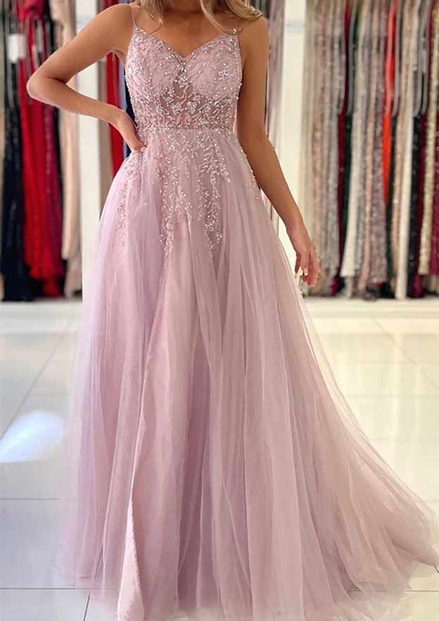 A-Line/Princess V-Neck Spaghetti Straps Long Prom Dresses With Split Side Sexy