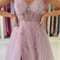 A-Line/Princess V-Neck Spaghetti Straps Long Prom Dresses With Split Side Sexy