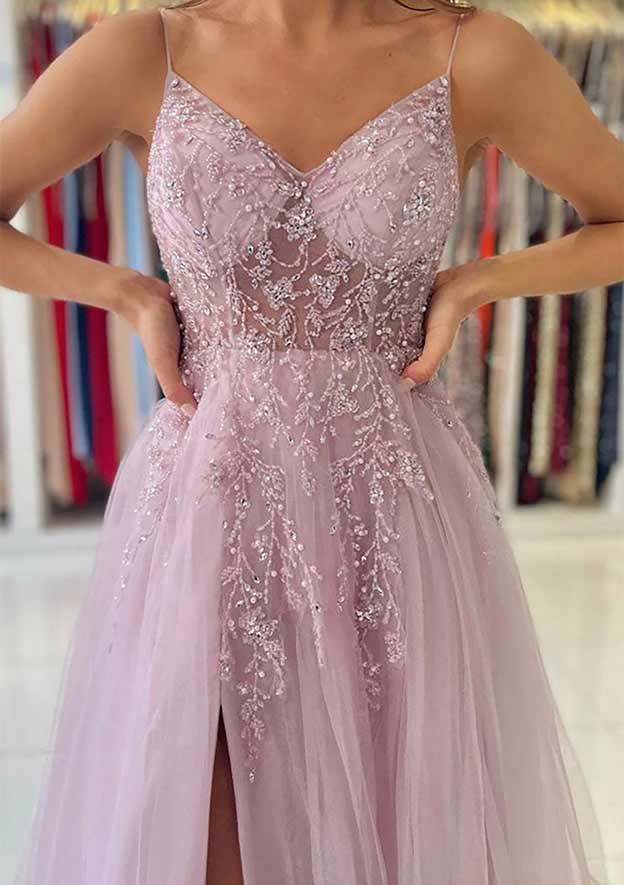 A-Line/Princess V-Neck Spaghetti Straps Long Prom Dresses With Split Side Sexy