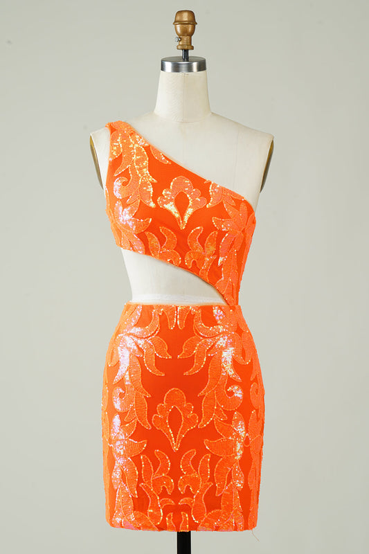 Orange One Shoulder Glitter Homecoming Dress with Hollow-out Sexy