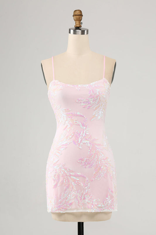 Pink Bodycon Spaghetti Straps Homecoming Dress with Criss Cross Back Sexy