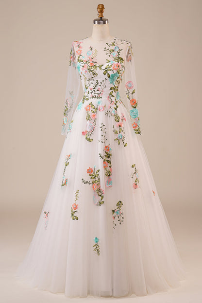 Ivory Flower A-Line Round Neck Sweep Train Wedding Dress with Long Sleeves Beautiful