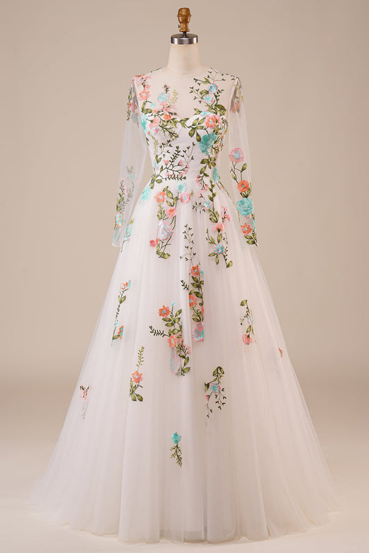 Ivory Flower A-Line Round Neck Sweep Train Wedding Dress with Long Sleeves Beautiful