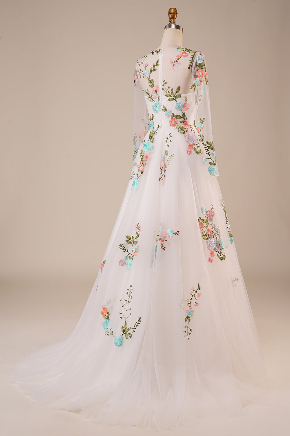 Ivory Flower A-Line Round Neck Sweep Train Wedding Dress with Long Sleeves Beautiful