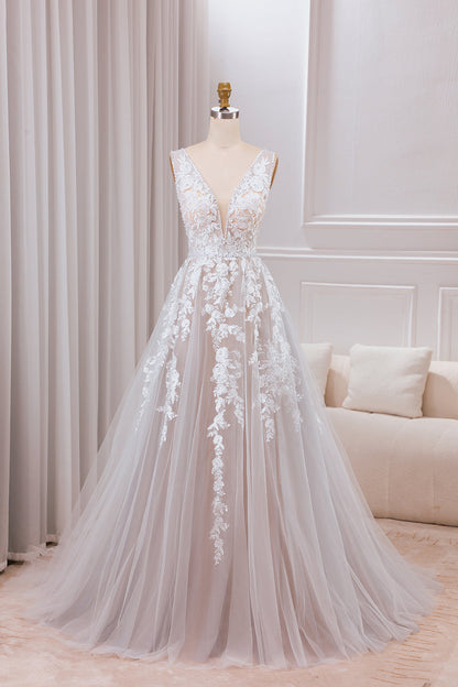 A Line V-Neck Sweep Train Ivory Wedding Dress With Lace Ivory Grey