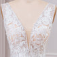 A Line V-Neck Sweep Train Ivory Wedding Dress With Lace Ivory Grey