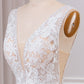 A Line V-Neck Sweep Train Ivory Wedding Dress With Lace Ivory Grey