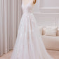 A Line V Neck Tulle Long Boho Wedding Dress with Lace Open Back Ivory Apricot