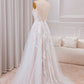 A Line V Neck Tulle Long Boho Wedding Dress with Lace Open Back Ivory Apricot