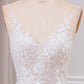 A Line V Neck Tulle Long Boho Wedding Dress with Lace Open Back Ivory Apricot