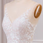 A Line V Neck Tulle Long Boho Wedding Dress with Lace Open Back Ivory Apricot