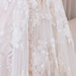 A Line V Neck Tulle Long Boho Wedding Dress with Lace Open Back Ivory Apricot