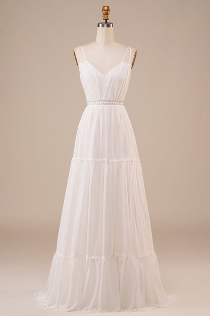 Ivory A Line Spaghetti Straps Long Wedding Dress V-neck