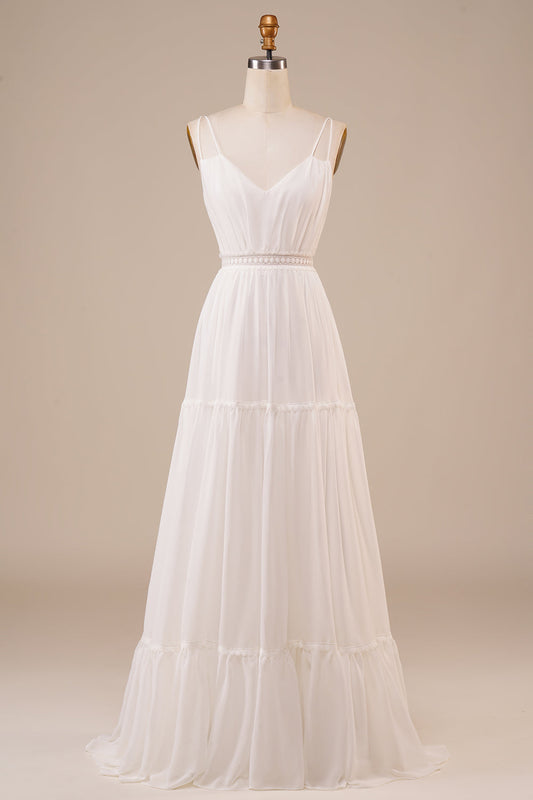 Ivory A Line Spaghetti Straps Long Wedding Dress V-neck