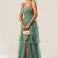 Eucalyptus A Line Spaghetti Straps Floor Length Tulle Bridesmaid Dress With Slit