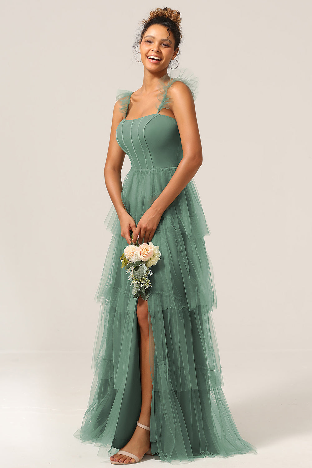 Eucalyptus A Line Spaghetti Straps Floor Length Tulle Bridesmaid Dress With Slit