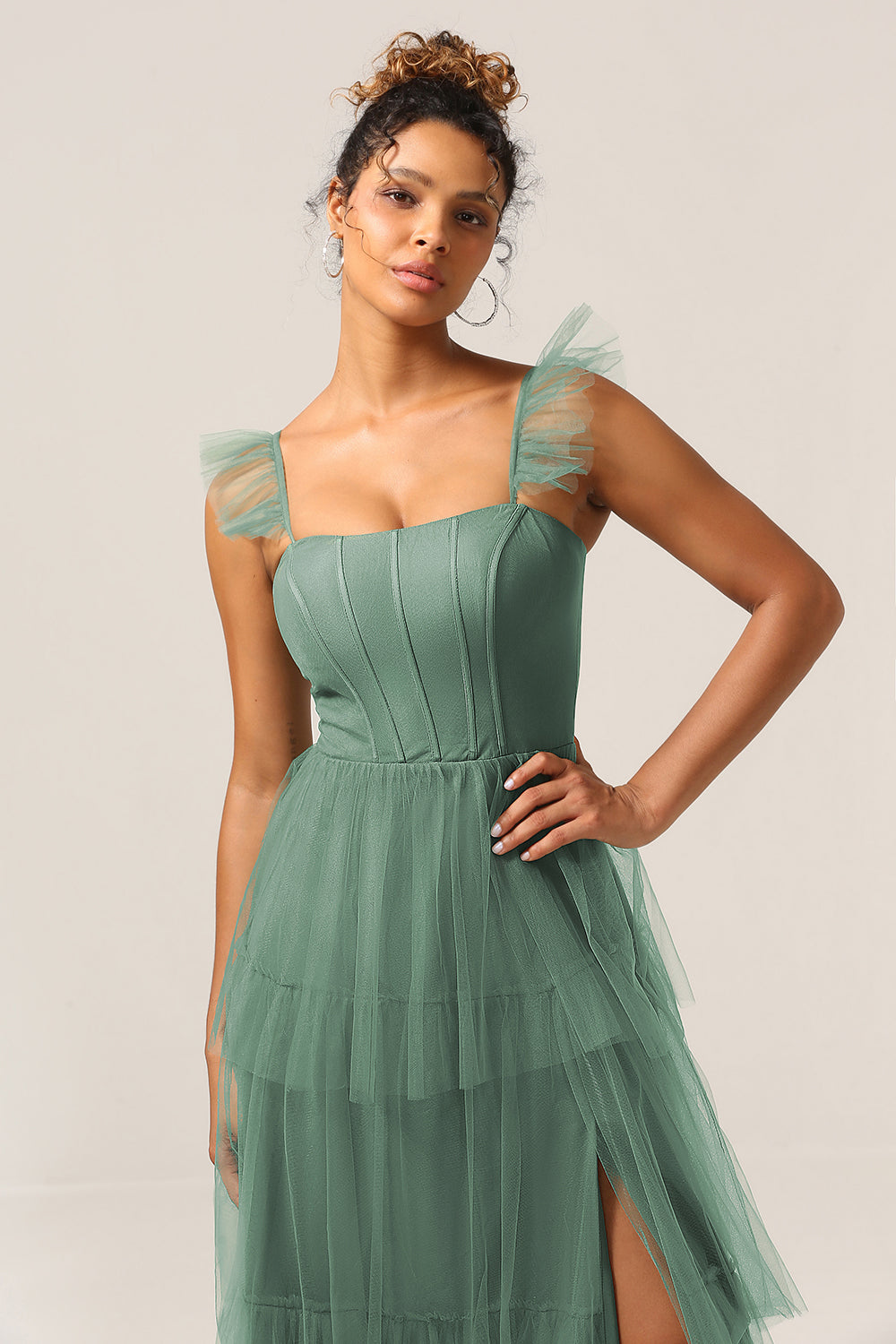 Eucalyptus A Line Spaghetti Straps Floor Length Tulle Bridesmaid Dress With Slit