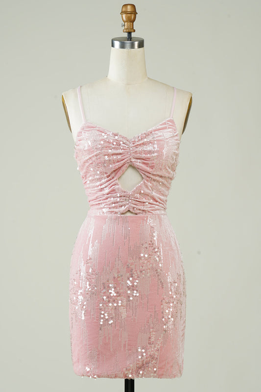 Pink Velvet Tight Glitter Short Homecoming Dress With Sequins Sparkly