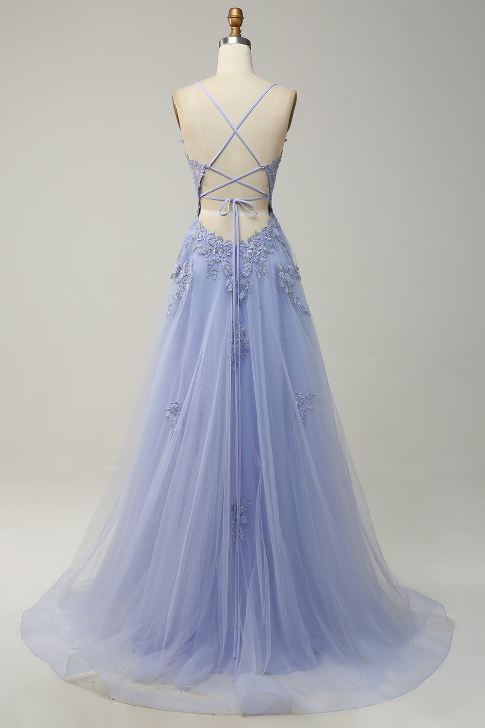 A Line Spaghetti Straps Grey Blue Long Prom Dress with Appliques Sexy