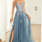 A Line Spaghetti Straps Grey Blue Long Prom Dress with Appliques Sexy