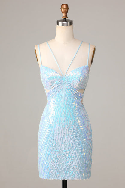 Bodycon Spaghetti Straps Blue Sequins Short Homecoming Dress Sexy