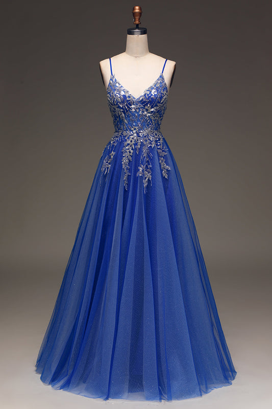 A Line Royal Blue Long Prom Dress With Appliques Sexy