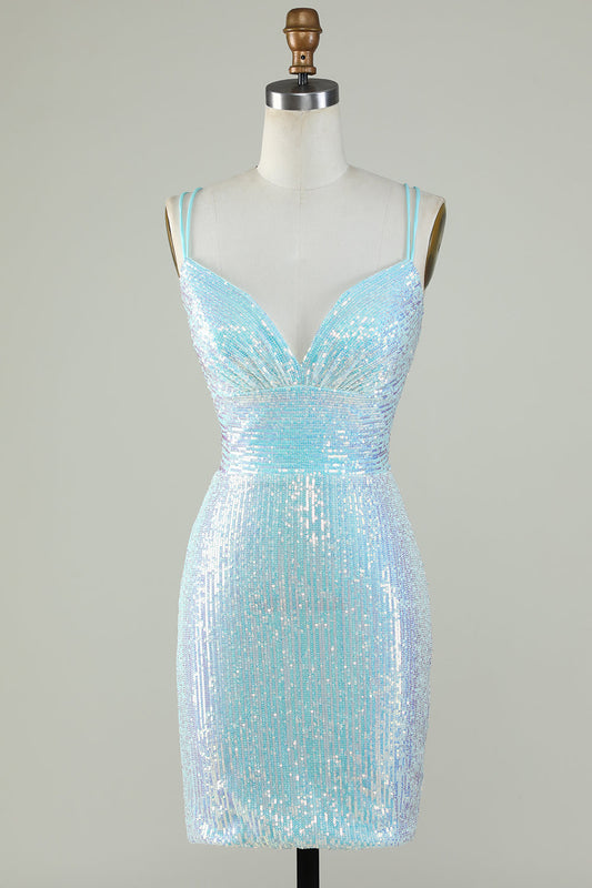 Light Blue Glitter Tight Homecoming Dress With Lace-Up Back Sparkly