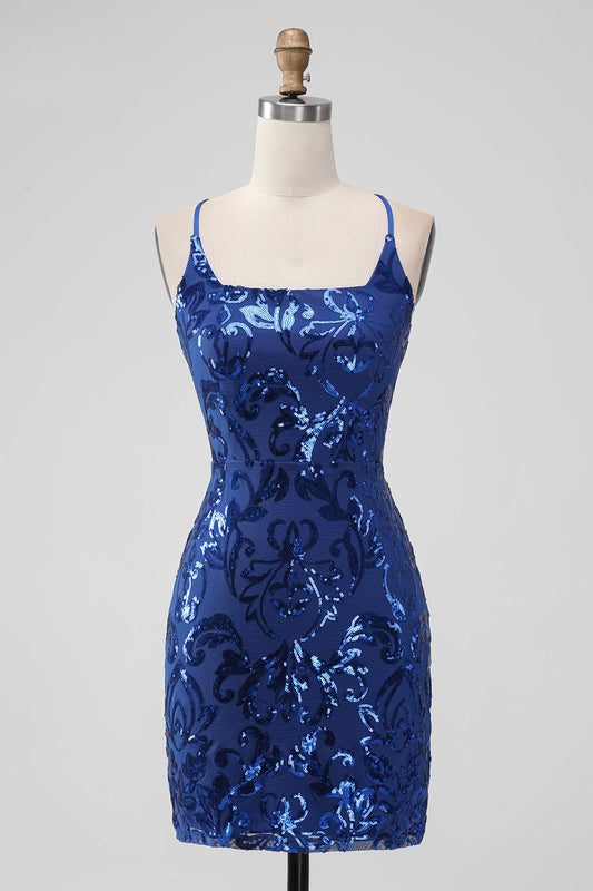 Royal Blue Bodycon Sequins Short Homecoming Dress with Lace-up Back Sparkly 