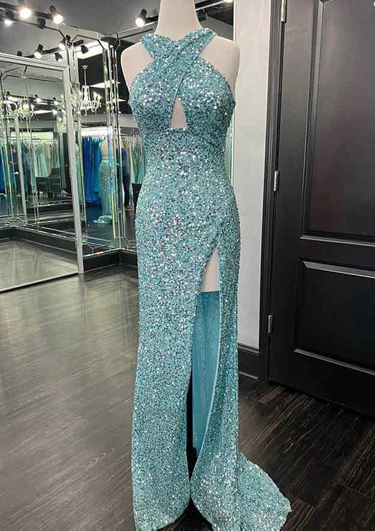 Sheath/Column Halter Floor-Length Prom Dresses Sparkly Evening Dresses