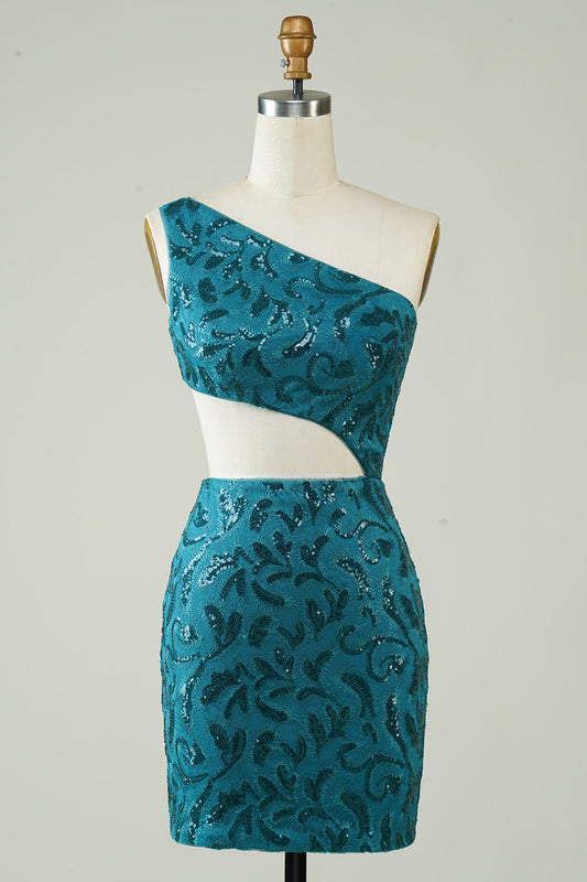 Peacock Blue Glitter Tight Homecoming Dress with Hollow-out Sexy Sparkly 