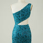 Peacock Blue Glitter Tight Homecoming Dress with Hollow-out Sexy Sparkly 