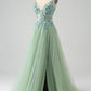 A Line V Neck Long Prom Dress with Appliques Sexy Long