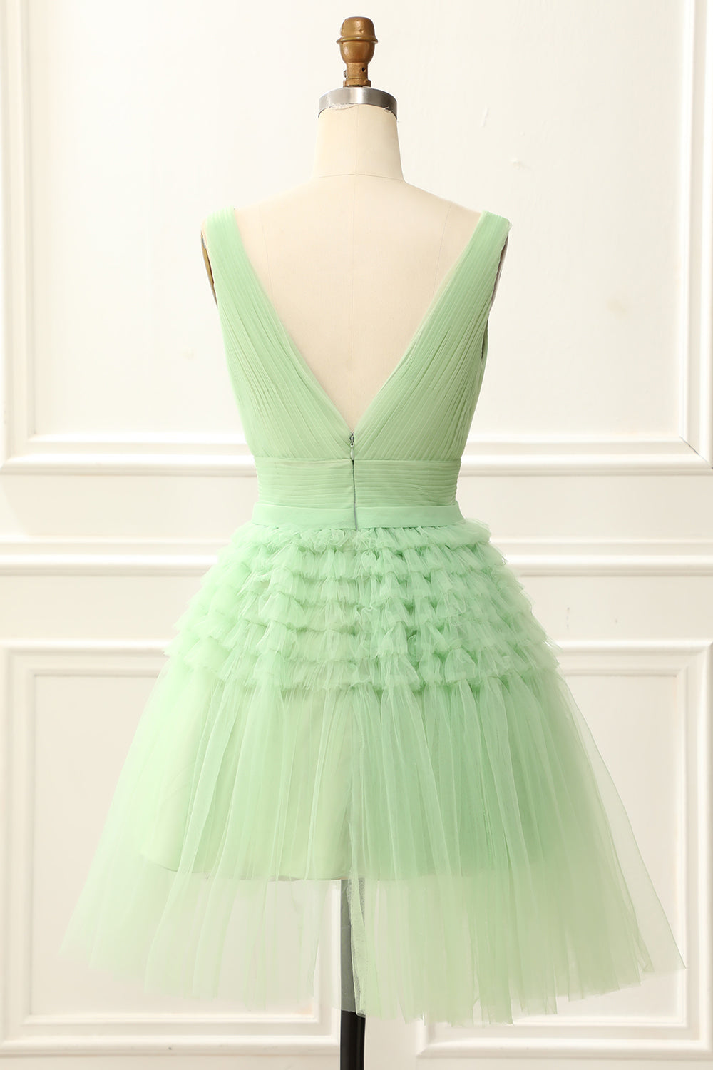 A Line Tulle V-Neck Homecoming Dress With Ruffles Pure Color