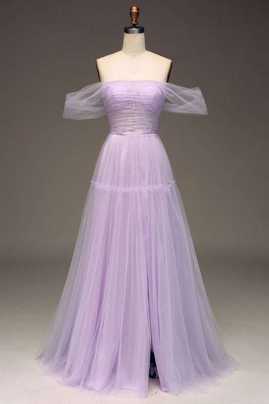 Lilac A Line Long Corset Prom Dress Off Shoulder