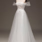 White A Line Long Corset Prom Dress With Appliques Off Shoulder