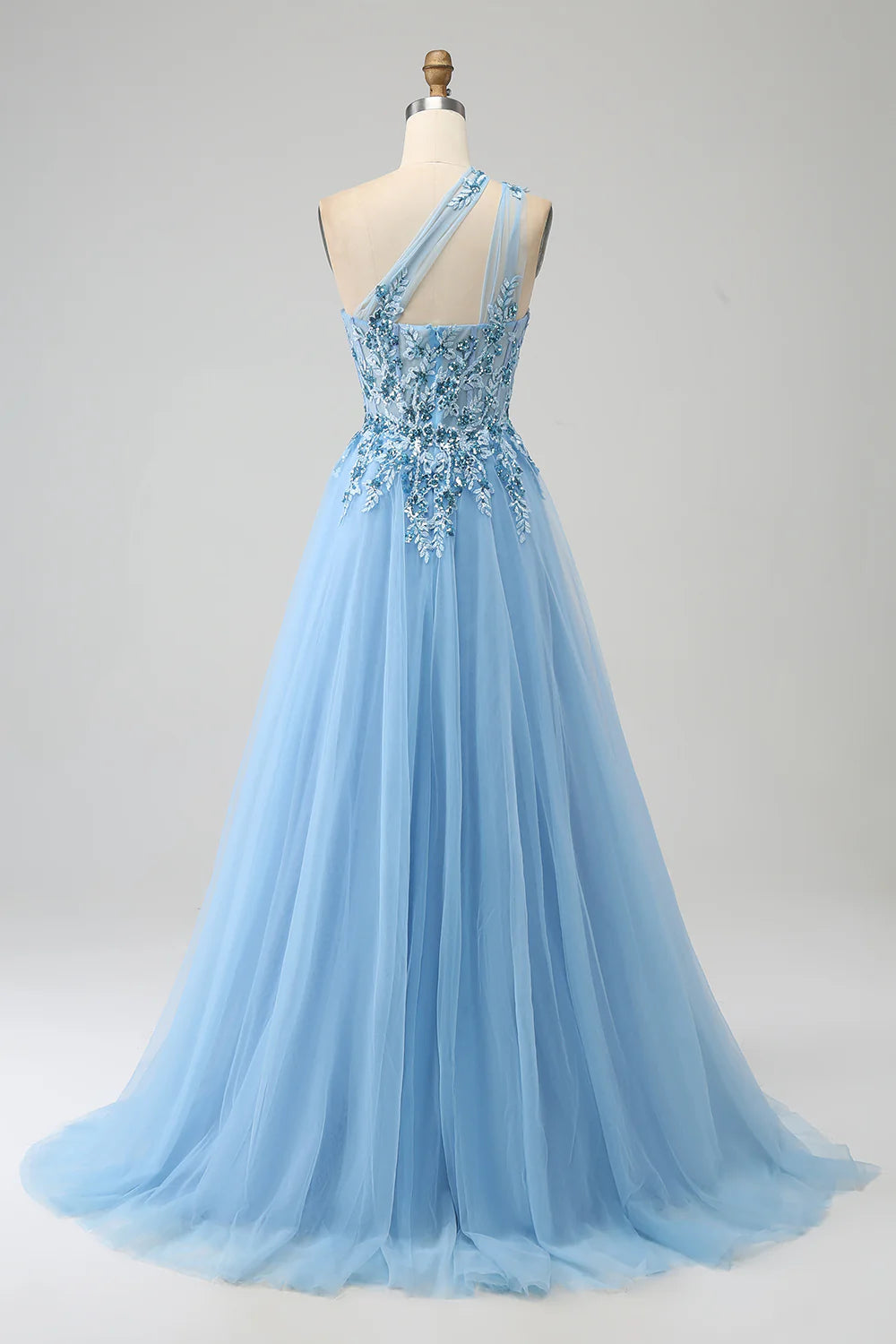 A-Line One Shoulder Sequin Prom Dress with Appliques Long