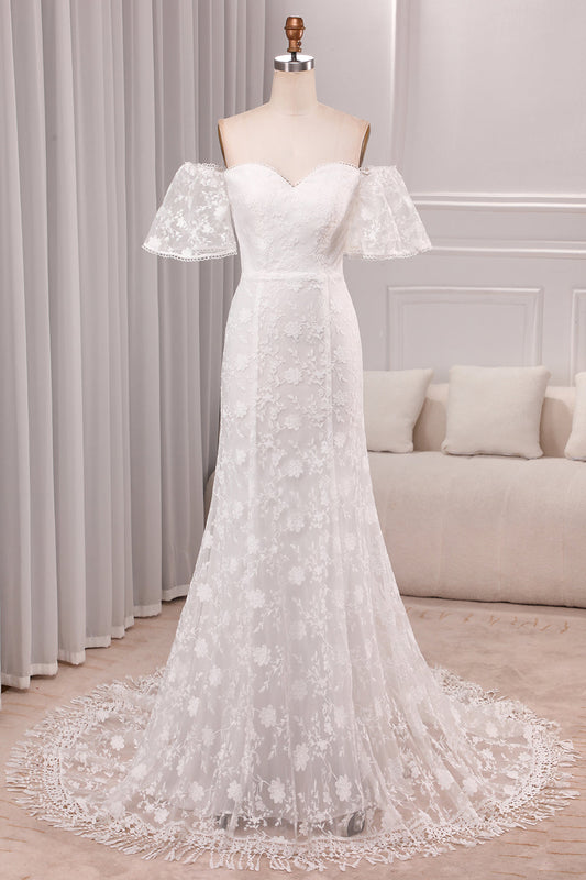 Ivory Mermaid Sweep Train Bridal Dress With Short Sleeves Off Shoulder