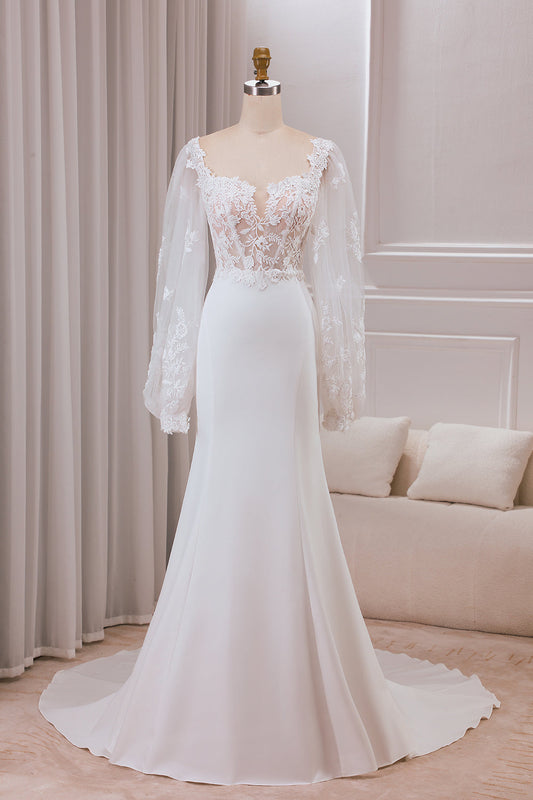 Ivory Mermaid Square Neck Corset Bridal Dress with Long Sleeves Sexy