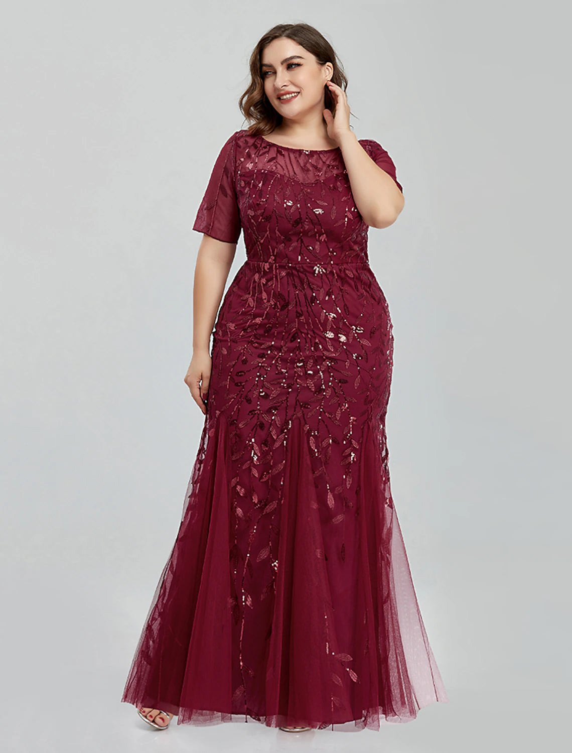 Mermaid / Trumpet Evening Gown Empire Dress Homecoming Floor Length Short Sleeve Jewel Neck Tulle Plus Size