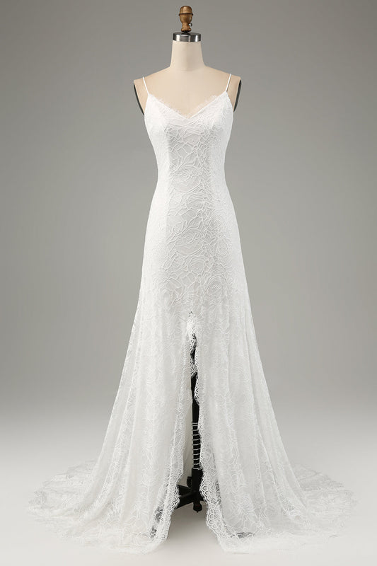 Ivory Mermaid Spaghetti Straps Long Wedding Dress with Slit Sexy