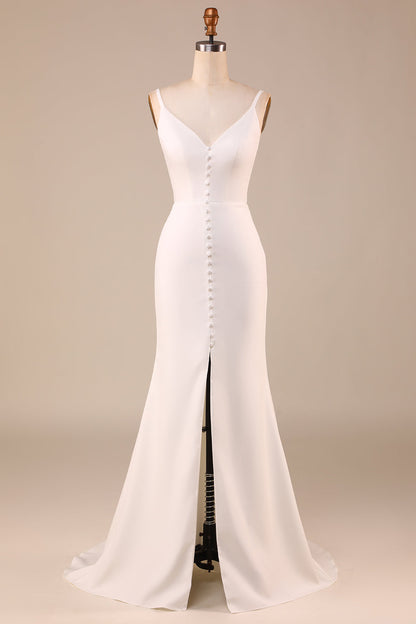 Ivory Spaghetti Straps V-Neck Sweep Train Wedding Dress With Slit Sexy