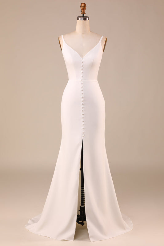 Ivory Spaghetti Straps V-Neck Sweep Train Wedding Dress With Slit Sexy