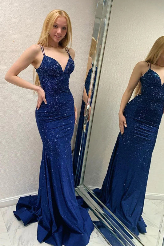 Sparkly Navy Beaded Mermaid Backless Long Prom Dress Sexy Evening Dresses