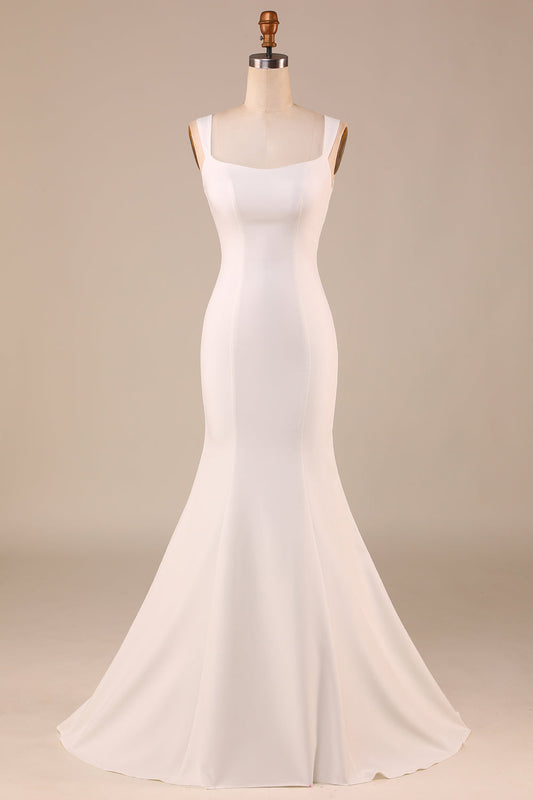 Ivory Mermaid Square Neck Sweep Train Wedding Dress Open Back